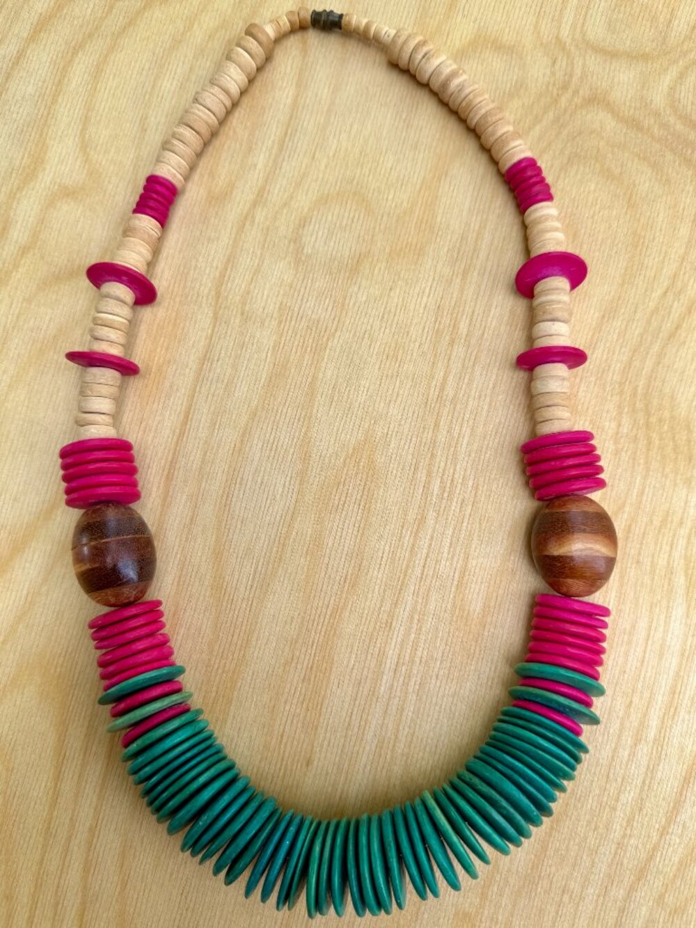 90s Vintage Chunky Wooden Bead Statement Necklace | Pink, Teal & Cream